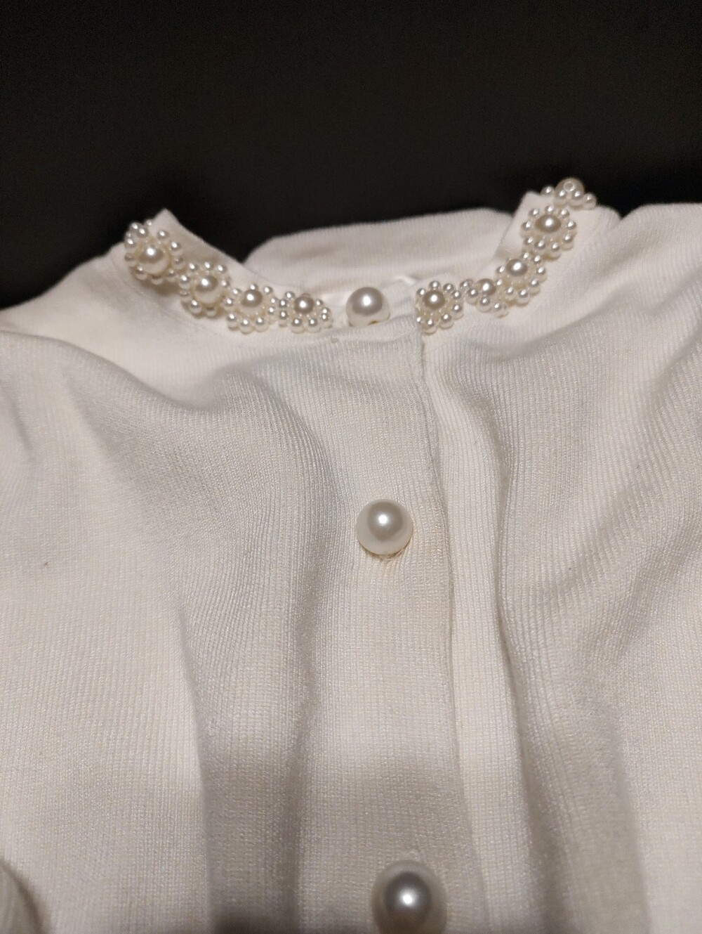 🎀🌹🎀 Dazzling Elaborate Faux Pearl Chantilly Cream Ivory Sweater Cardigan - M - Picture 14 of 16